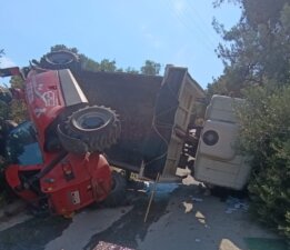Vinç taşıyan kamyonet devrildi