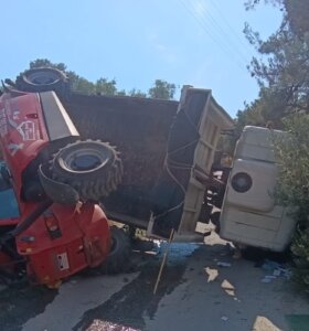 Vinç taşıyan kamyonet devrildi